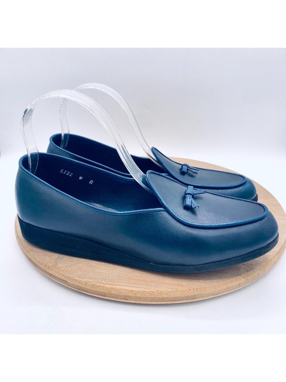 Vintage Belgian Shoes Womens 8 Blue Leather Loafer Flats Tasseled Handmade